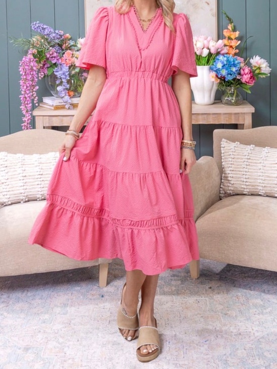 Umgee Dresses & Skirts - V Neck Short Sleeve Midi Dress